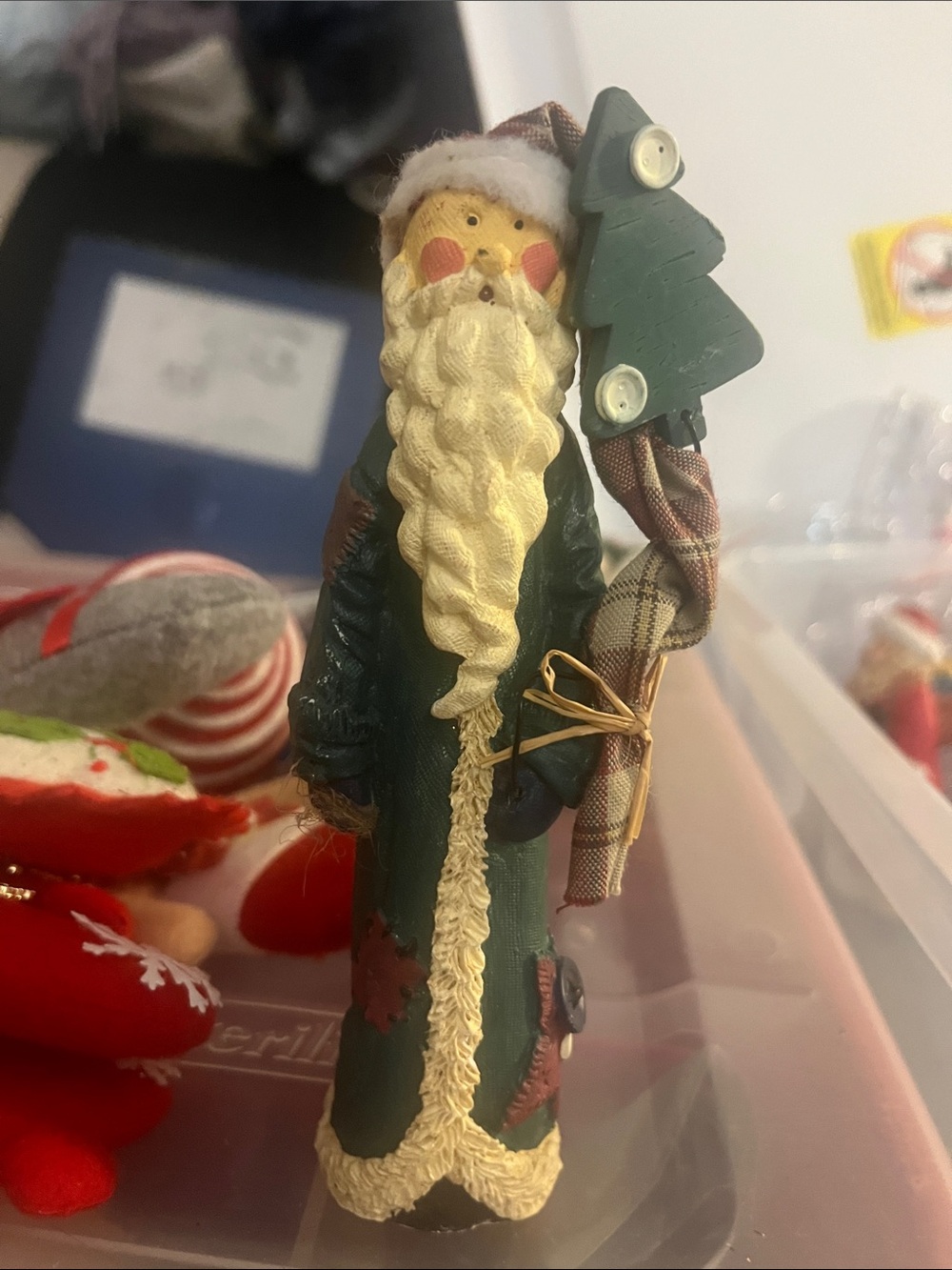 Handcrafted Green Santa Figurine Holiday Decor Rosey Red Cheeks Folk Art 359